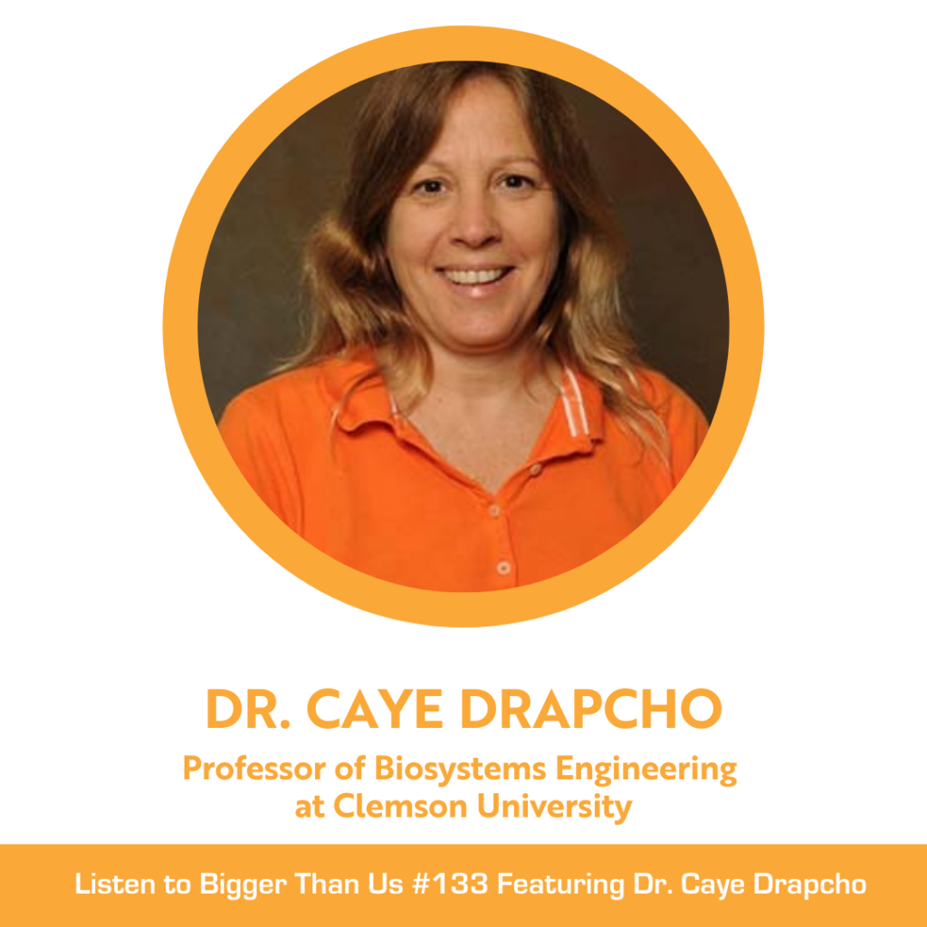 Bigger Than Us #133 Featuring Dr. Caye Drapcho, Associate Professor in the Biosystems Engineering program at Clemson University in the Department of Environmental Engineering and Earth Sciences.