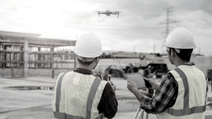 Two men wearing hard hats on a construction site. The man on the right is flying a drone camera.